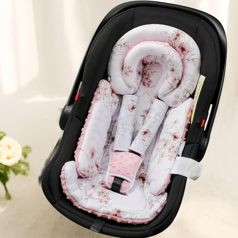 BOMOLOUR Infant Car Seat Insert for Baby Head Body Support, Pink | Reversible, Adjustable For 0-24 Months, Versatile Fits For Baby Car Seat ,Stroller, Swing, For Preemie, Newborn, Infant