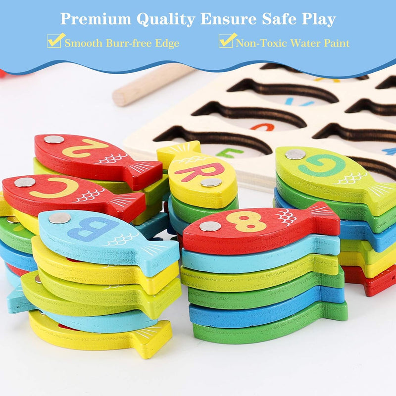 Magnetic Wooden Fishing Game Toy for Toddlers, Alphabet Fish Catching Counting Games Learning Toy 3 4 5 Years Old Kids