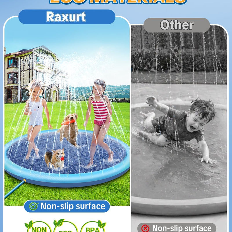 Raxurt Non-Slip Splash Pad for Kids and Dog, 67'' Splash Pad Thicken 0.58mm for Kids Ages 4-8 Toddler Baby Splash Sprinkler Pad Dog Pool Summer Outdoor Water Toys for Boys Girls