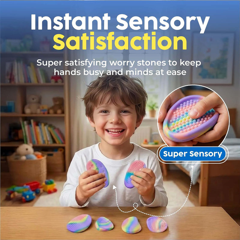 BUNMO Fidget Toys - Fidget Stones Sensory Toys – 6pk Pastel | Silicone Worry Stones for Kids Ages 3+ | Portable, Textured, Quiet Sensory Stones for Hands-On Play