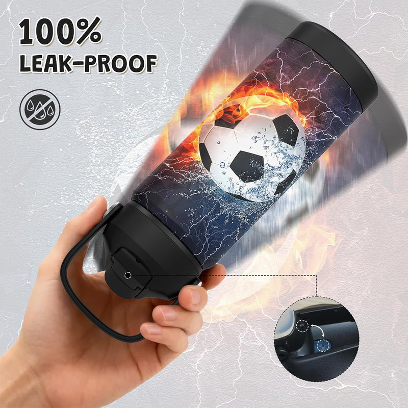 Boys Soccer Water Bottle for School，Kids 18 oz Insulated Stainless Steel Cup with Straw, Double-Wall Vacuum Leakproof