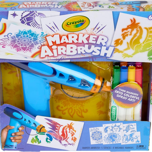 Crayola Marker Airbrush Spray Art Kit, Battery-Powered Sprayer with 8 Washable Markers & 5 Stencils, DIY Craft Set, Ages 6+