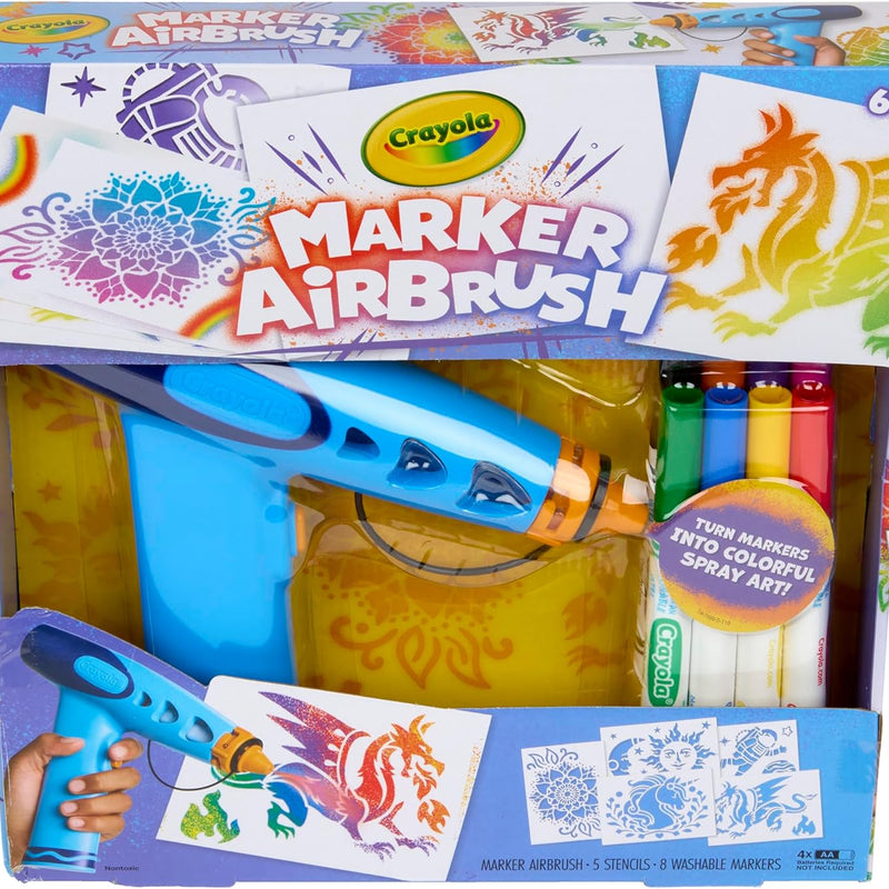Crayola Marker Airbrush Spray Art Kit, Battery-Powered Sprayer with 8 Washable Markers & 5 Stencils, DIY Craft Set, Ages 6+