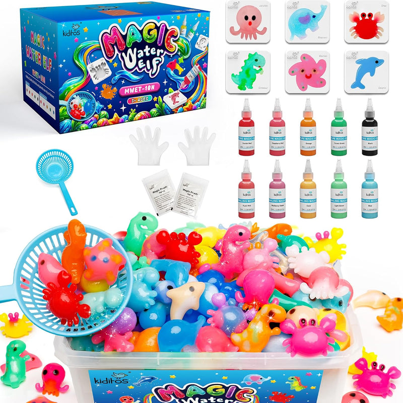 Kiditos Magic Water Elf Toy Kit,Squishies for Kids, DIY Sensory Craft Kit | 10 Gels & 6 Molds, Make Your Own Magic Water Pets, STEM Science Activity, Party Favors & Birthday Gifts for Kids Ages 3+