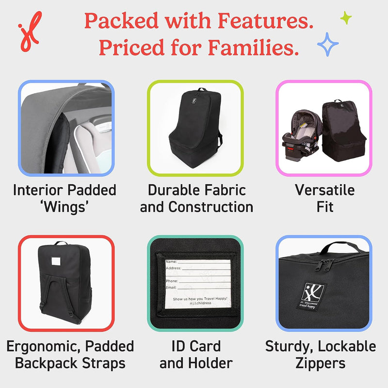 J.L. Childress Padded Backpack Car Seat Travel Bag - Ultimate, Black | Properly protects & fits most infant carriers, car seats & boosters for gate or baggage check to make airport days easier