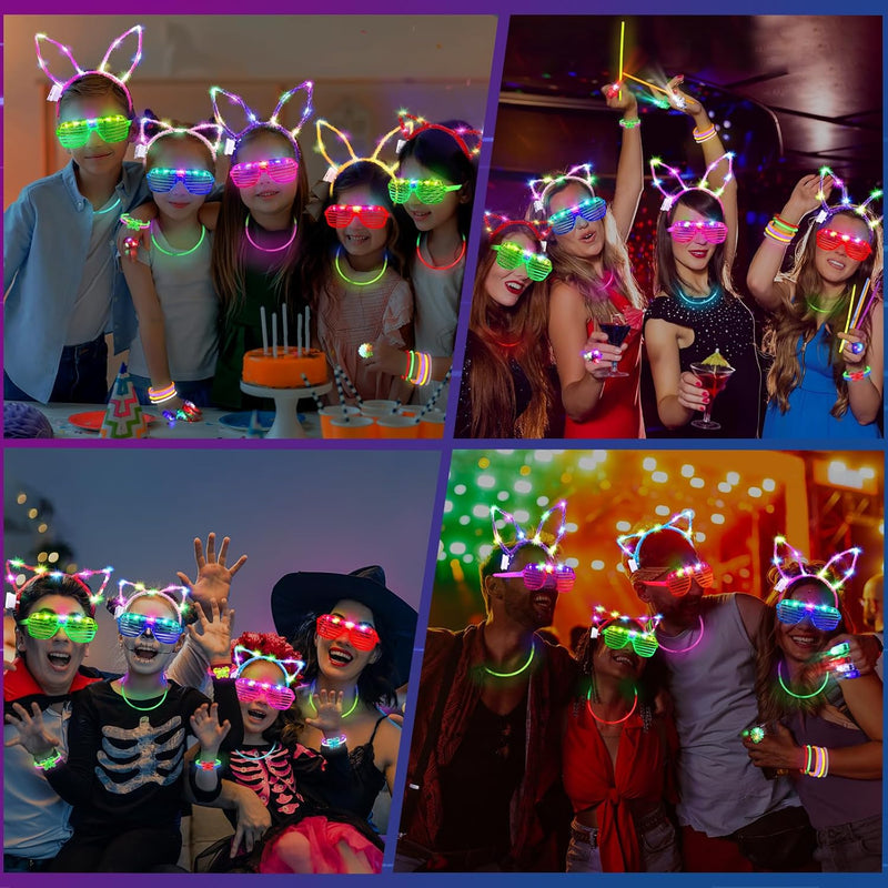 150PCS Glow Party Supplies: Glasses, Headbands, Rings, 100 Glow Sticks for Kids & Adults