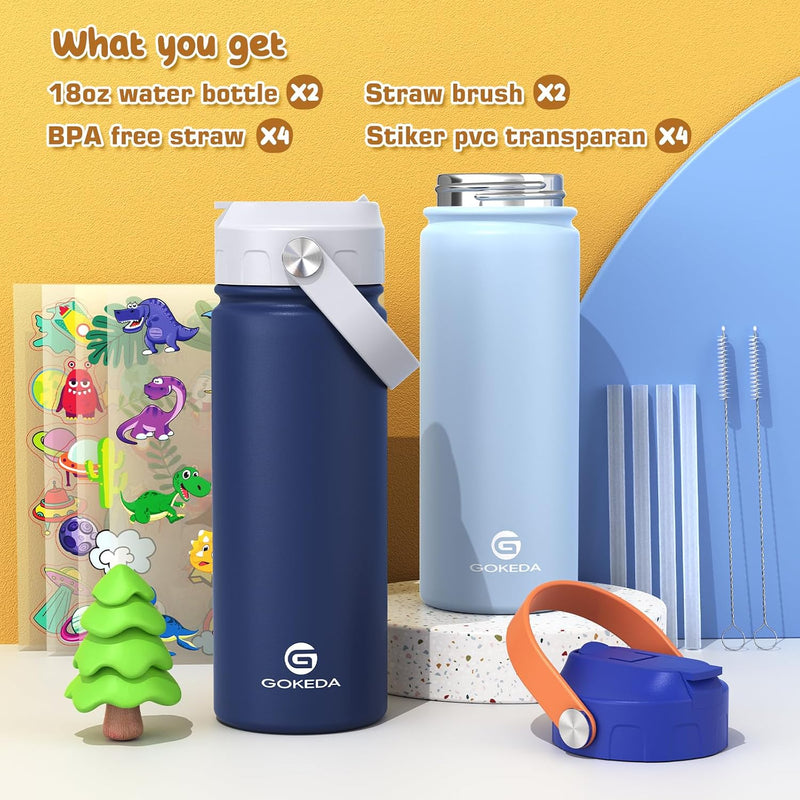 GoKEDA 18oz Kids Water Bottle, 2 Pack Stainless Steel Straw Cup | DIY Stickers, BPA-Free, Stainless Steel, Keeps Cold 24h, Leak-proof, Dust-Proof Lid, Sturdy, School, Gifts