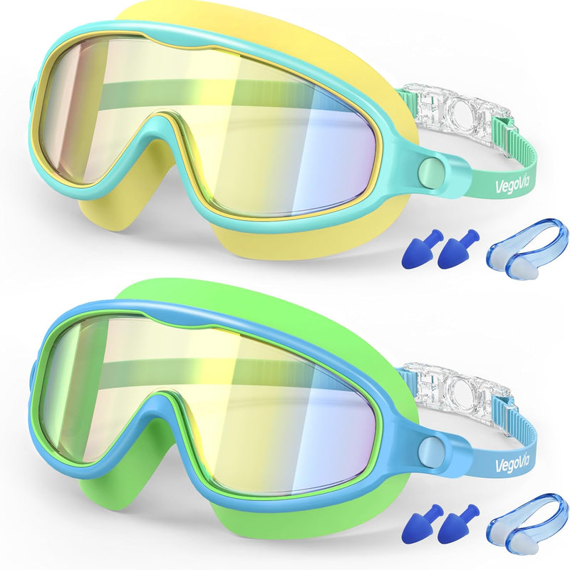 VegoVia 2 Pack Kids Swim Goggles Anti-Fog Wide View | UV Protection Swimming Goggles for kids 6-14 8-12 3-15 Youth Boys Girls Toddler