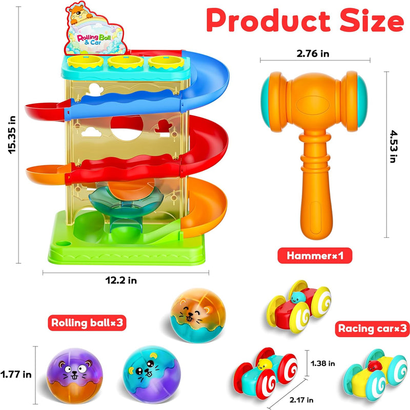 2-in-1 Rolling Ball & Car Ramp Toy for Toddlers, Interactive STEM Learning Playset with Sensor Lights