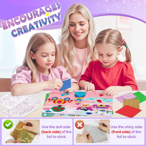 Fun Foil Art Craft Kit for Kids Ages 4-8, DIY Princess Sticker & Coloring | Create 10 shimmering princess scenes with peel-and-press foil, stickers and coloring pages; no glue, paint or scissors