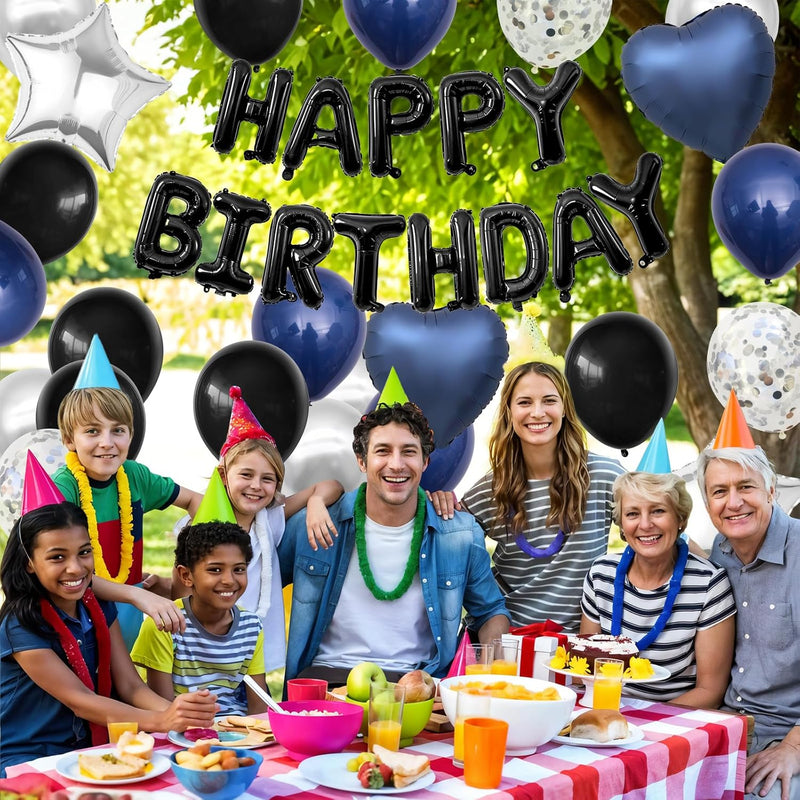Navy Blue and Black Birthday Decorations for Men,Blue Black White Balloons Happy Birthdays Balloon Banner Silver Confetti Balloons for Men Boy Girls Women Adults Birthday Party Decorations