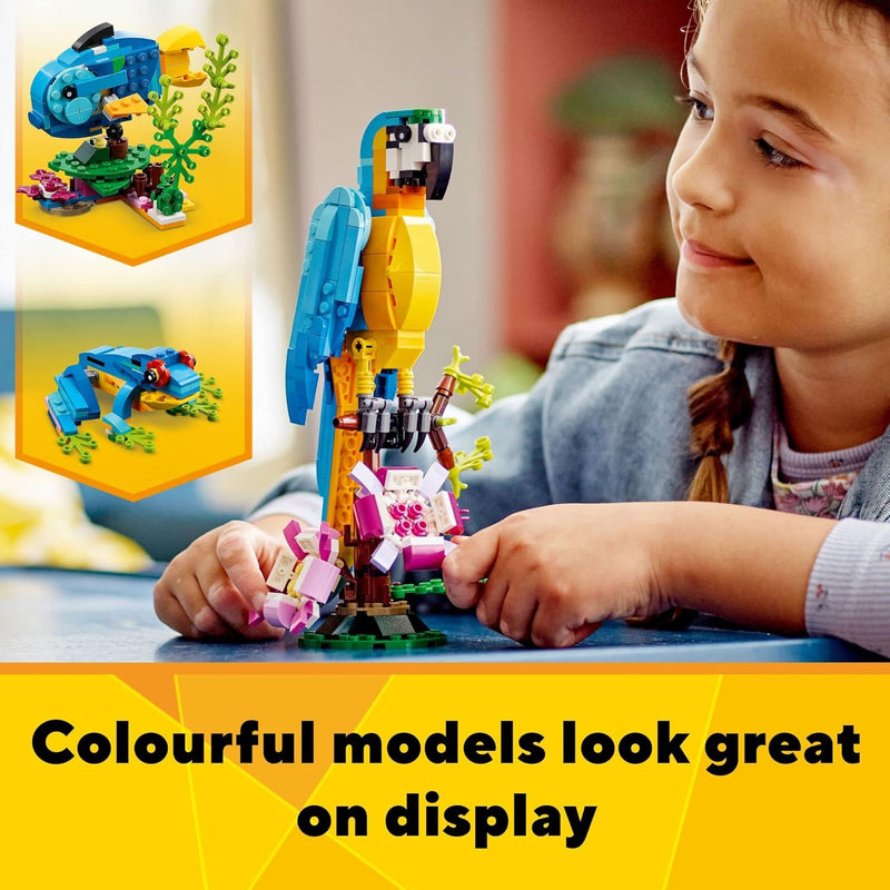 Lego Creator 3-in-1 Exotic Parrot Building Set with 3 Transformable Animal Figures for Kids Ages 7+