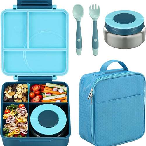 Bento Lunch Box Set for Kids with 8oz Soup Thermo, Leak-Proof Lunch Containers with 4 Compartment, Kids Thermo Hot Food Jar and Insulated Lunch Bag for Kid to School-Blue