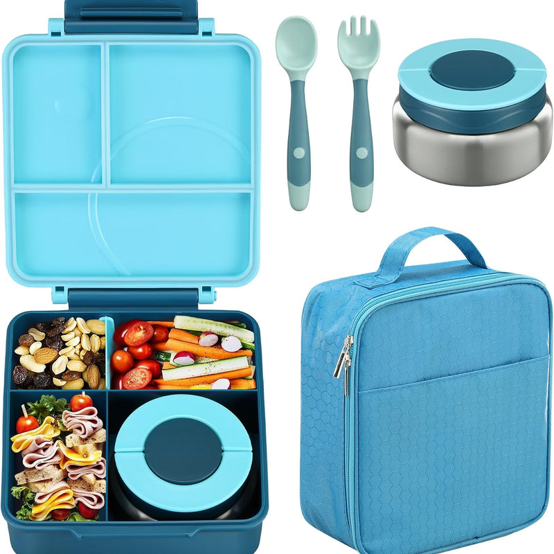 Bento Lunch Box Set for Kids with 8oz Soup Thermo, Leak-Proof Lunch Containers with 4 Compartment, Kids Thermo Hot Food Jar and Insulated Lunch Bag for Kid to School-Blue