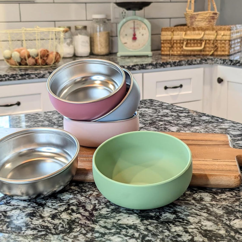 Monkey Proof™ Non-Toxic Stainless Steel Child Bowl 5” with Non-Slip Silicone Shell, Multi-color, (Set of 4 bowls) Unbreakable, Mess Free Feeding for Babies, Toddlers, Kids, BPA free