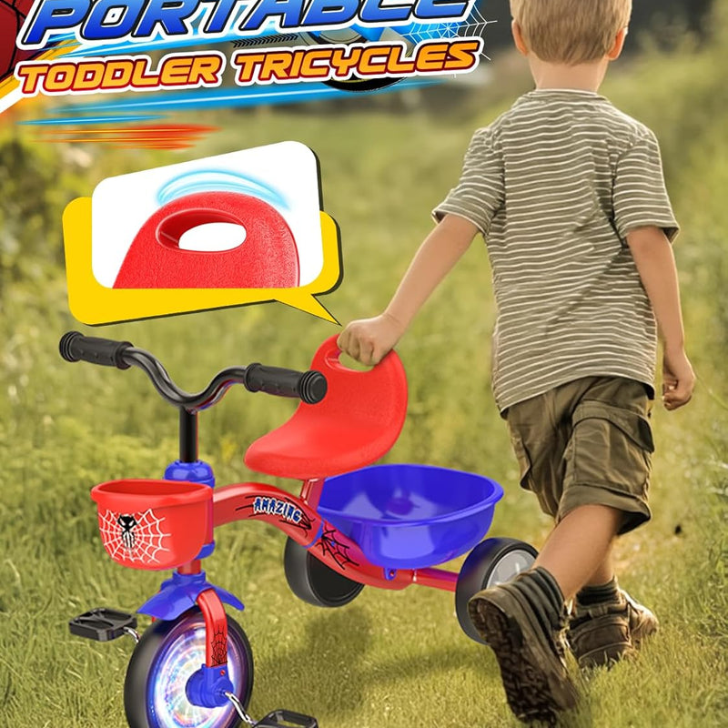 Stable Spider Toddler Tricycle for 1-5 Year Olds with Colorful Lighting, Large Basket & Thickened Noiseless Wheels