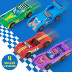 Klever Kits 4 DIY Wooden Race Cars Craft Kit for Kids, Easy to Assemble Arts and Crafts Toy with Paint and Stickers
