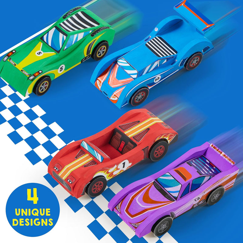 Klever Kits 4 DIY Wooden Race Cars Craft Kit for Kids, Easy to Assemble Arts and Crafts Toy with Paint and Stickers