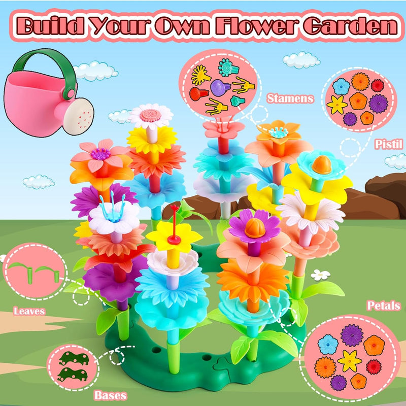 FUNZBO Girl Flower Garden Building Toys Set for Age 2-6 Years Old, STEM Montessori Educational Toy with Sorting & Stacking Spring Gardening Set