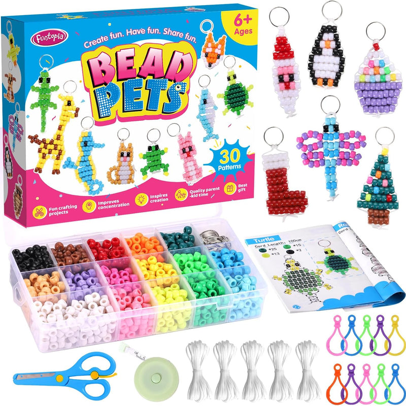 Beads for Crafts, Pony Beads Keychain Making Kit, Bead Pets for Kids Girls | Funtopia Bracelet Making kit Beaded Animal Set Birthday Party DIY Art Crafts for Girls Boys Beginners(1500 Bead, 30 Designs)