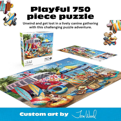Buffalo Games – Dog Days of Summer by Tom Wood 750 Piece Jigsaw Puzzle for Adults – Precision-Cut Pieces, Beautiful Artwork, and Hours of Relaxing Fun - Relaxing Beach Day with The Family Pet