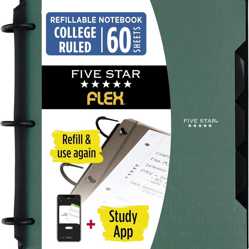 Five Star Flex Refillable Notebook + Study App 1 Inch O-Rings Binder with Pockets Tabs and Dividers, 220 Sheet Capacity, Includes 60 Sheets 8.5" x 11" College Ruled Paper, Amethyst (29328AB6)