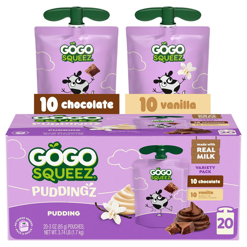 GoGo squeeZ On the Go PuddingZ Variety Pack, 3 oz Pouches, 20 Count | Chocolate & vanilla on the go pudding made with real milk; shelf-stable, no spoon or mess; no preservatives, lunchbox ready