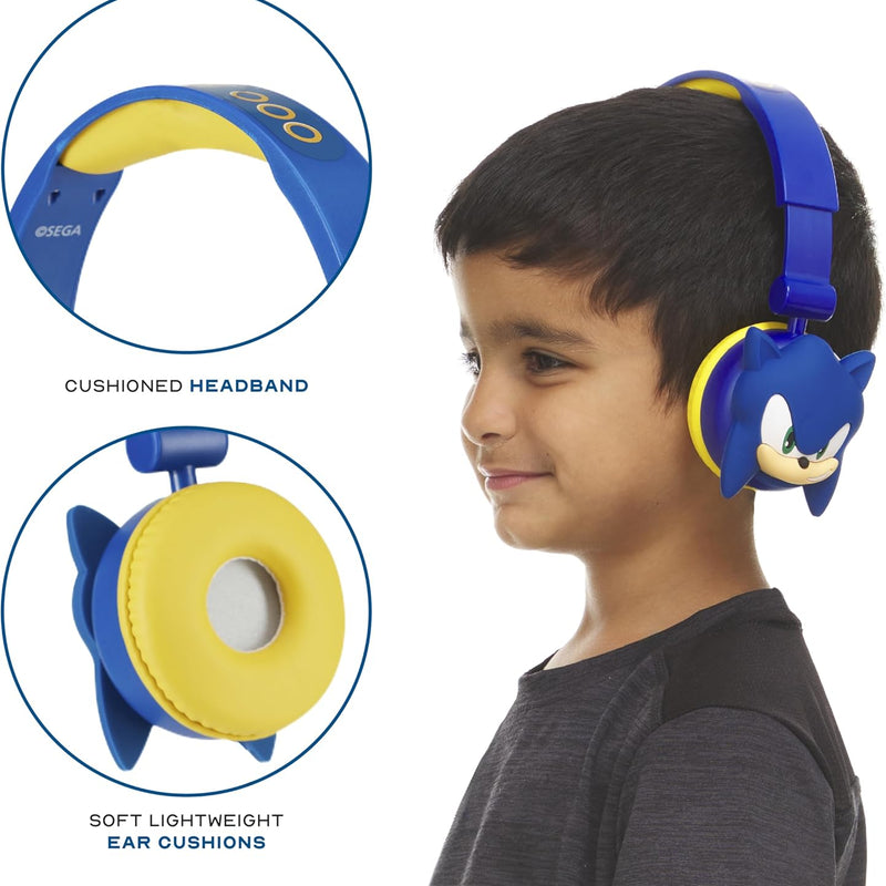 Sonic The Hedgehog kids' wireless Bluetooth headphones with safe volume, adjustable headband, and rechargeable battery