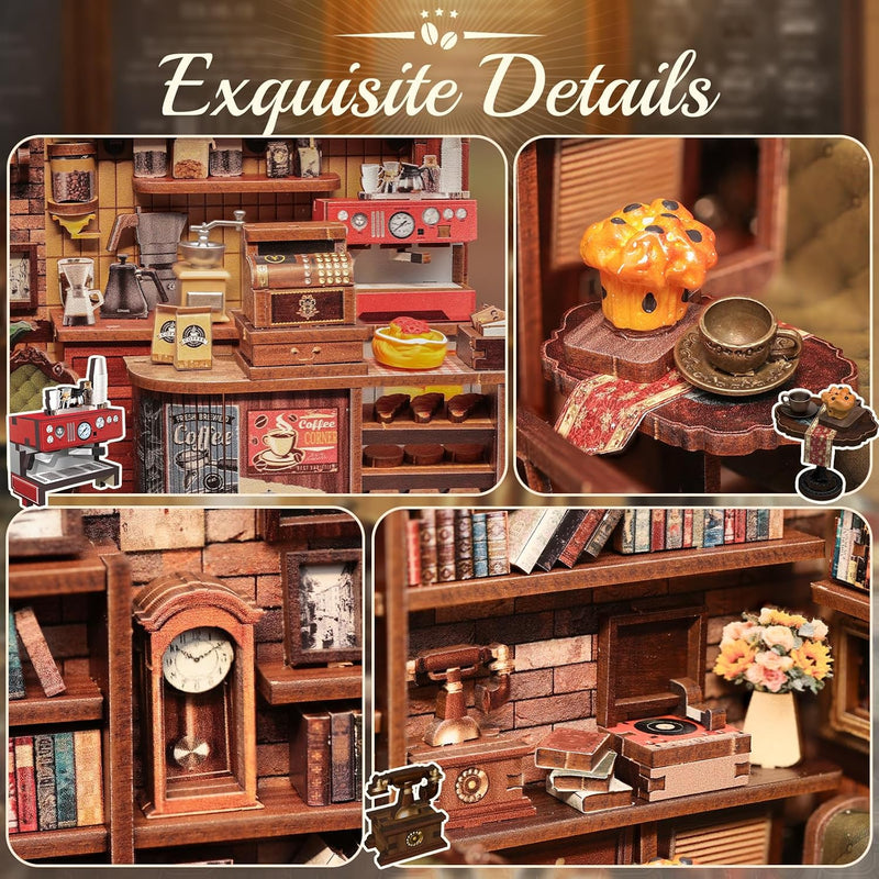 CUTEBEE Book Nook Kit - DIY Miniature House Coffee Shop Dollhouse Kit for Adults, Booknook Tiny House Bookshelf Decor 3D Wooden Puzzle, Gifts for Family, Friends (Corner Coffee Shop)