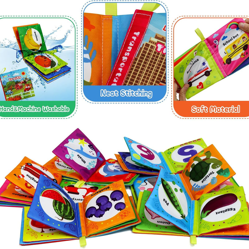Dr.Rapeti 6-pack soft cloth baby books with crinkle squeaky washable non-toxic early educational themes for kids