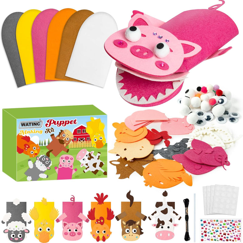 WATINC 6-Piece Animal Hand Puppet Making Kit for Kids, DIY Art Craft Felt Sock Puppets, Pompoms, Googly Eyes, and Felt Decorations for Creative Storytelling and Role Play.