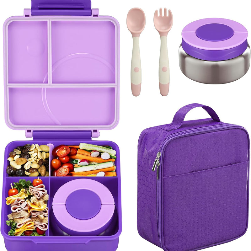 Bento Lunch Box Set for Kids with 8oz Soup Thermo, Leak-Proof Lunch Containers with 4 Compartment, Kids Thermo Hot Food Jar and Insulated Lunch Bag for Kid to School-Blue