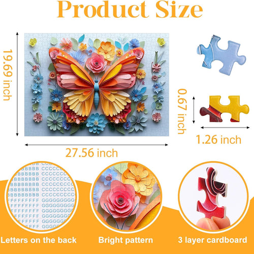 Challenging 1000 Piece Jigsaw Puzzle for Adults, Noctilucous Butterfly & Flower Art Design, Premium Click-Fit Pieces with Anti-Glare Coating, 3D Wall Decor, 27.5x19.6 Inch Dimensions.