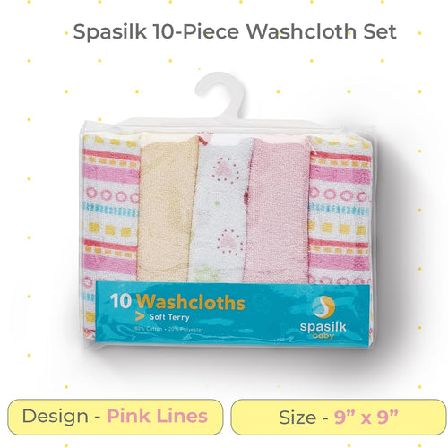 Spasilk Washcloths for Newborn Boys and Girls, Soft Terry Baby Washcloths, Baby Essentials, Ideal, Pink Lines, Pack of 10