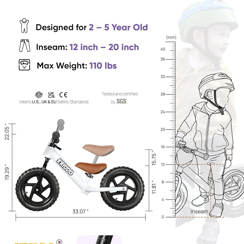 KRIDDO Toddler Balance Bike for 2-5 year olds, 12 inch push bike with customization options