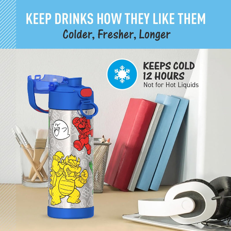 THERMOS FUNTAINER Water Bottle with Spout, 16oz, Mario | Kids Stainless Steel Insulated Water Bottle, Keeps Drinks Cold Longer for School & Play, BPA-Free