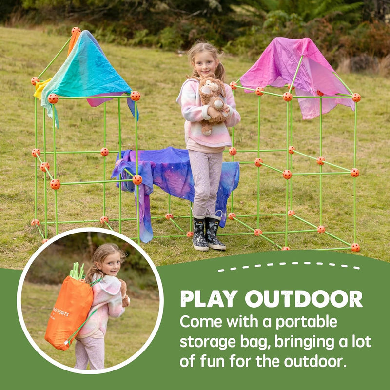 130-Piece Building Kit for Kids Ages 5-12, Indoor and Outdoor Fort Building with Storage Bag and 86 Rods and 44 Balls