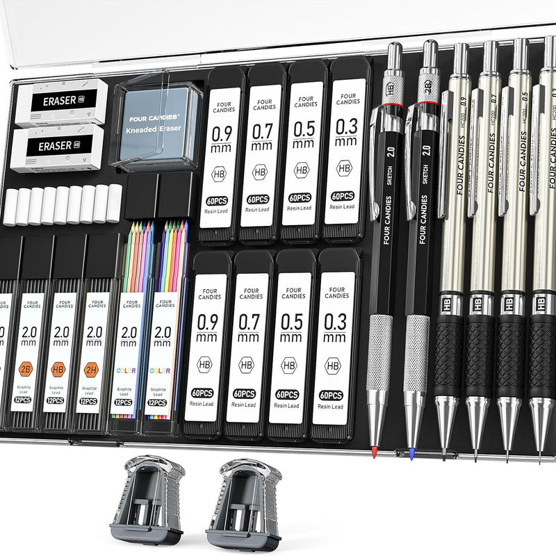 Four Candies 25PCS Mechanical Pencil Set with Case, Art Supplies with Metal Pencil 0.5, 0.7, 0.9 mm & 3PCS 2mm (HB 2H 2B 4B Color) & 432 Graphite Lead Refills, Technical Drawing Kit for Teen & Adults