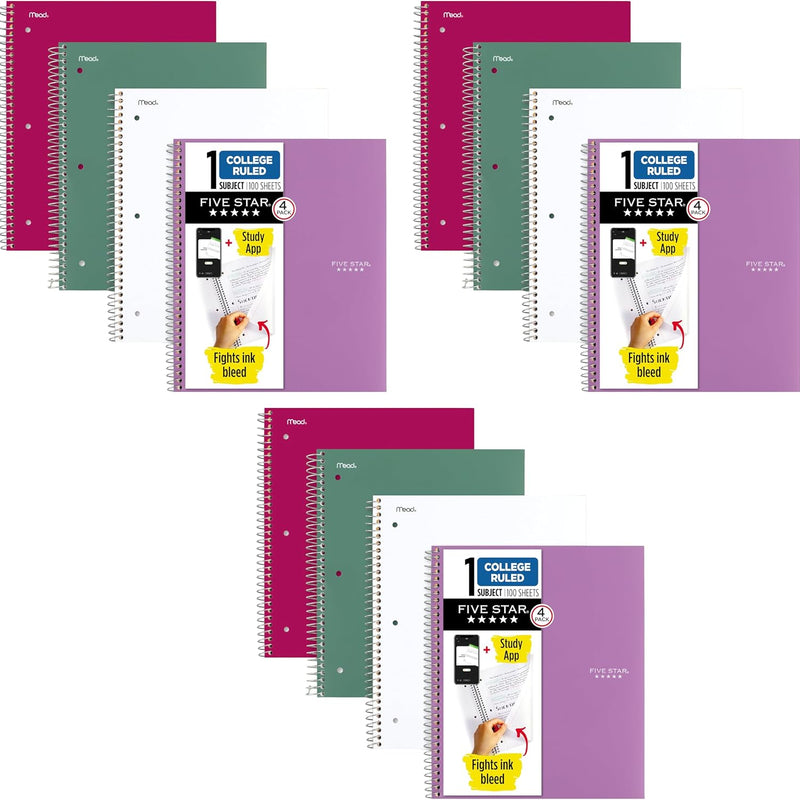 Five Star Spiral Notebook + Study App, 100 Sheets, 1 Subject, College Ruled Paper, Fights Ink Bleed, Water Resistant Cover, 820337-ECM, Purple, Pink, White & Green, 8-1/2" x 11", 4 Pack