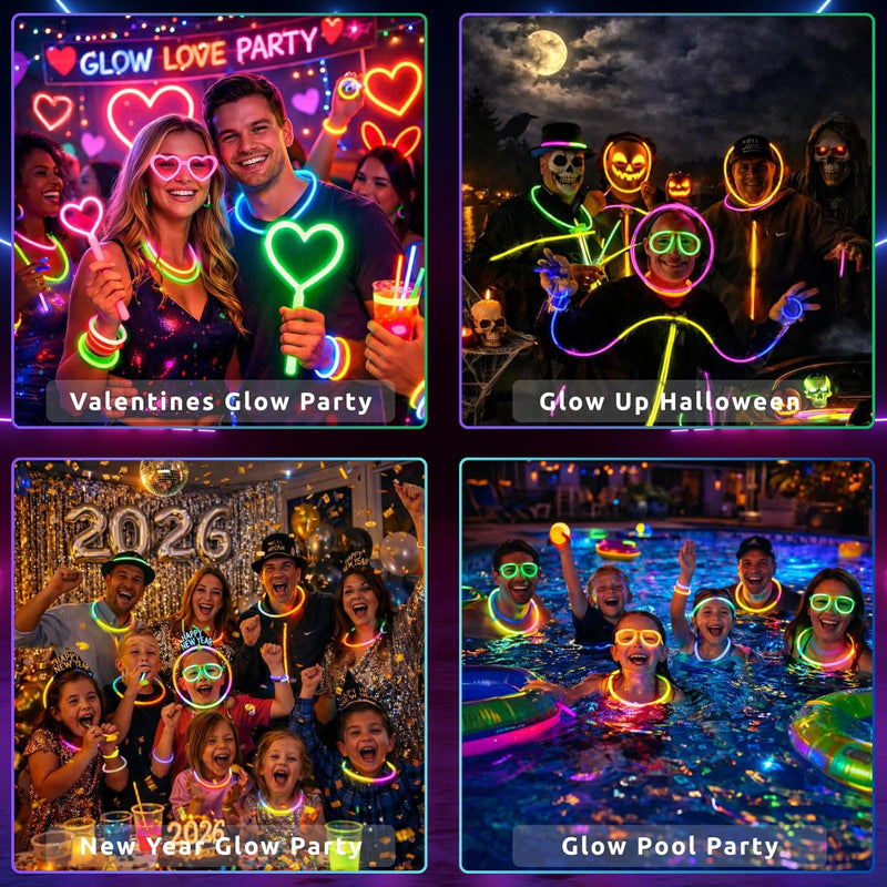 Ammy Glow Glow Sticks Bulk Party Pack, 205 Pcs Kit with Connectors & Glasses for Kids, LED Neon Glow in the Dark Party Supplies for Birthdays & Events