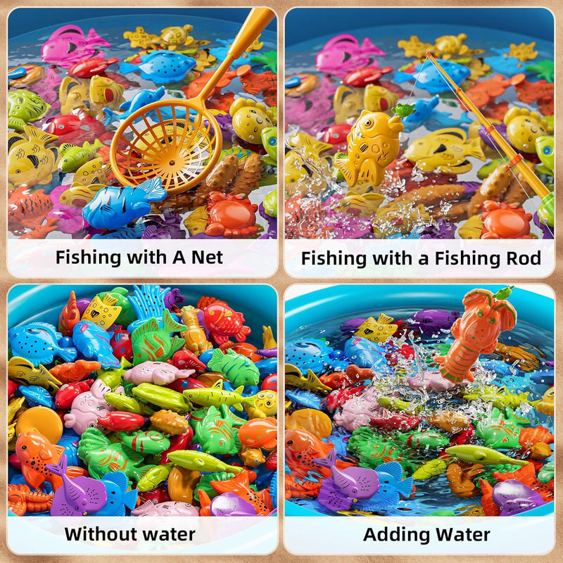 Niplooow Pool Fishing Toys Games for Kids Ages 3-8, Water Table Bathtub Toy with Inflatable Pool Pole Rod Net and Plastic Floating Fish