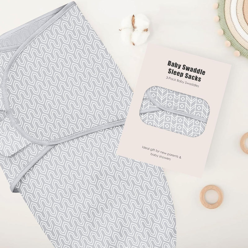 SWEET DOLPHIN 3-Pack Baby Swaddle Sleep Sacks - Newborn Swaddle Blanket with Soft Cotton - Ergonomic Wrap for Boys and Girls, 0-3 Months, Grey