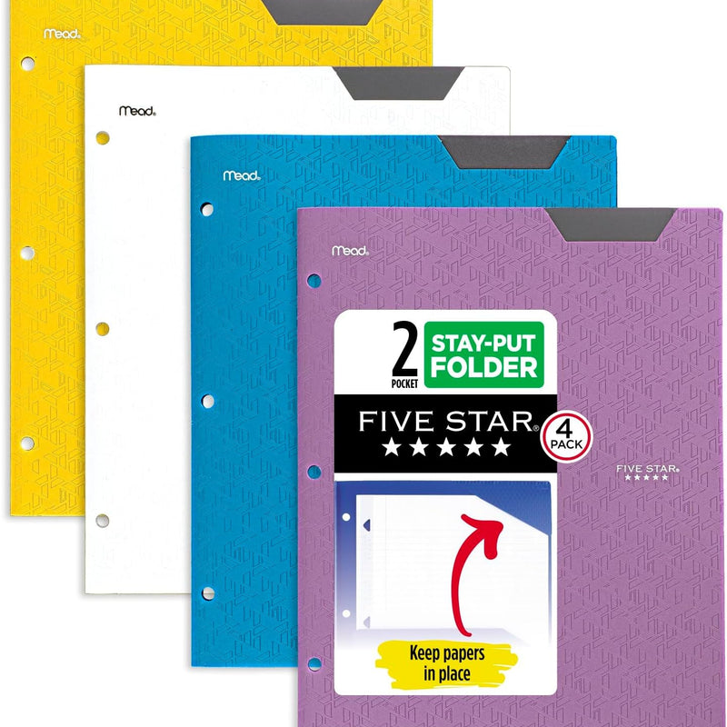 Five Star 2-Pocket Plastic Folder with Stay-Put Tabs, Fits 3-Ring Binder, Holds 8.5" x 11" Paper, Assorted Colors, 4 Pack (333420A)