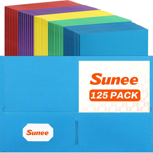 SUNEE Folders with Pockets(125 Pack, Assorted Colors), 2 Pocket Folders Fit Letter Size Paper, Paper File Folder for School Office Home Bussiness