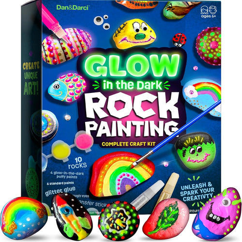 Dan&Darci kids' rock painting kit with glow-in-the-dark paints for creative art toys, ages 6-12.