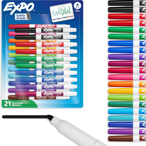 EXPO Dry Erase Markers, Low Odor Ink, Assorted Colors, Fine Tip, 21 Count - Whiteboard, Essential Supplies for Office, School, Classroom, Teachers