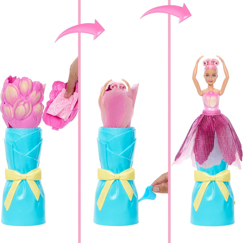 Barbie Petal Pop Scented Doll with Pink Tulip Dress & Accessories, Bouquet Reveal with Pet Bunny & Surprises Like Watering Can, Necklace & Earrings​​​