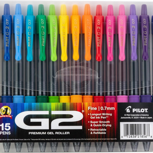 Pilot G2 Premium Gel Roller Pens, Rainbow Gel Pens, G2 Rainbow Colors Pack, 15 Pack Pouch, Fine Point 0.7 mm, Assorted