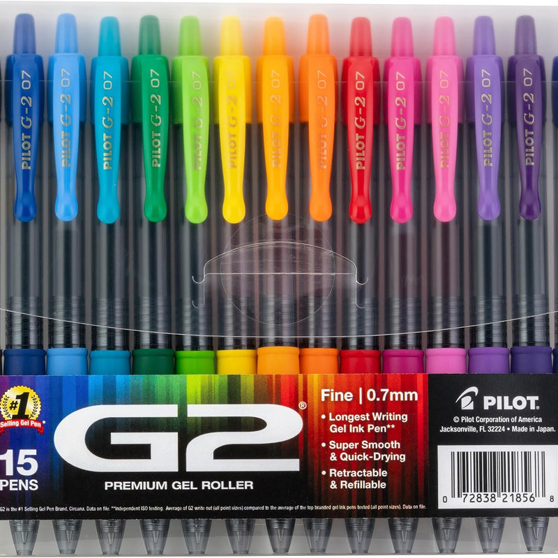 Pilot G2 Premium Gel Roller Pens, Rainbow Gel Pens, G2 Rainbow Colors Pack, 15 Pack Pouch, Fine Point 0.7 mm, Assorted