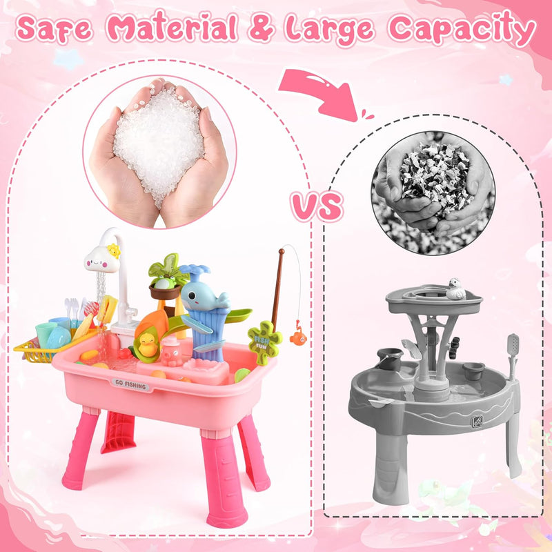 Ploomi Upgraded Toddler Sand Water Table Toy with Electric Water Pump, Kids Sand Water with Faucet/Play Food Accessories/Fishing Toy, Kitchen Play Sink Toys for Girl Boy Age 3+